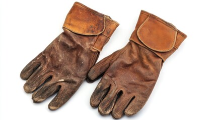 A pair of worn brown leather gloves isolated on a white background.