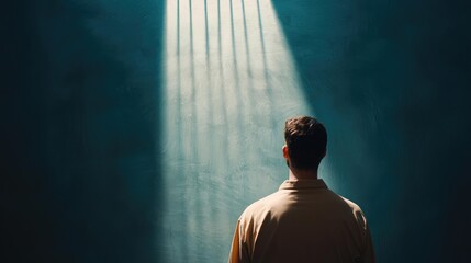 A person standing in a dimly lit space, contemplating under beams of light, evoking feelings of introspection and solitude.
