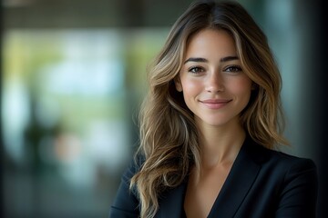 Fototapeta premium Confident Businesswoman with Freckles in Black Blazer Looking at Camera