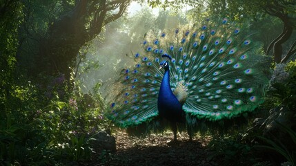 Obraz premium A majestic peacock with its tail feathers spread wide, standing in a lush, green forest with sunlight streaming through the trees.