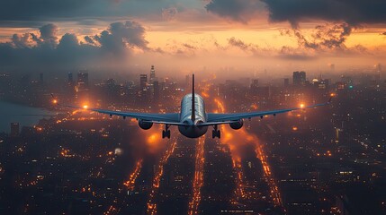 white airplane flies over cityscape at dusk, glowing city lights creating beautiful backdro