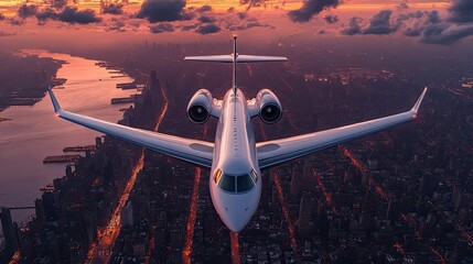 white airplane flies over cityscape at dusk, glowing city lights creating beautiful backdro