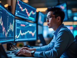 Asian man financial trader analyzing data on multiple monitors, focused expression, dynamic market graphs on screens