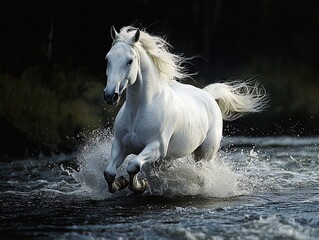 A white horse running through a body of water