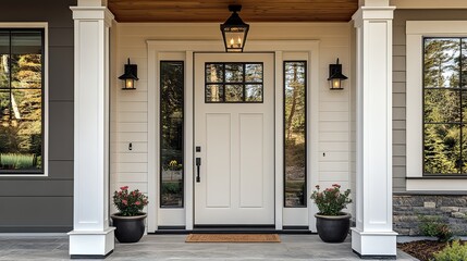 Fototapeta premium white front door with decorative windows and flower pots, creating welcoming scene
