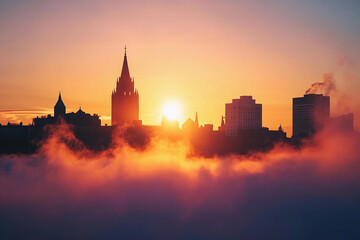 Fototapeta premium Sunrise over city skyline with fog and silhouette buildings
