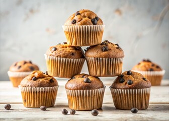 Stacked Delicious Chocolate Chip Muffins on White Background Perfect for Baking Lovers and Food Photography - Tasty Treats with Space for Text
