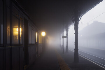 Fototapeta premium Foggy train station platform at dawn with lights glowing