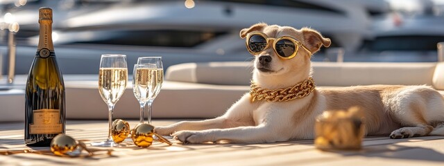 Yacht Life: The Pet Edition, A Furry Friend's Luxurious Day at Sea.Concept of luxury, wealth,humor, Luxury fashion, high-end pet products, yacht rental, champagne brands, and social media marketing.