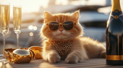 Yacht Life: The Pet Edition, A Furry Friend's Luxurious Day at Sea.Concept of luxury, wealth,humor, Luxury fashion, high-end pet products, yacht rental, champagne brands, and social media marketing.