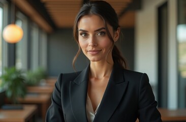 Fototapeta premium Confident woman in a business suit stands in a modern office space with natural lighting during the afternoon