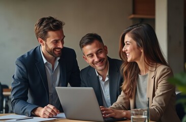 Obraz premium Three colleagues sharing ideas and laughing while working on a laptop in a modern office setting during the day