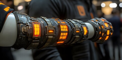 A futuristic arm device with glowing elements, likely for gaming or technological use.