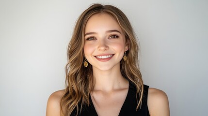 Naklejka premium Smiling beautiful young woman with long hair and gold earrings posing against a white wall.Concept of beauty, elegance,confidence,fashion, cosmetics, jewelry, hair care and photography.