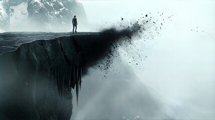 Person Standing on Cliff Edge Amidst Dramatic Landscape Explosion and Smoke Cloud with Snowy Mountain Backdrop