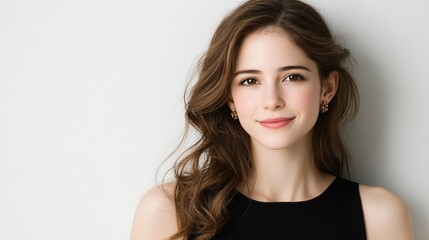 Naklejka premium Smiling beautiful young woman with long hair and gold earrings posing against a white wall.Concept of beauty, elegance,confidence,fashion, cosmetics, jewelry, hair care and photography.