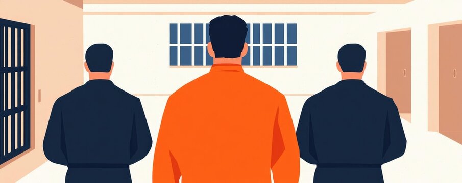 An illustration showing a prisoner in an orange jumpsuit being escorted by two guards in a prison-like setting, conveying themes of justice and confinement.