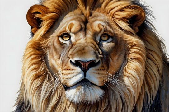 A magnificent male lion portrait close-up, with an intense gaze, a perfect image for safari, strength, and nature concepts. Stock photo of a simetric lion face