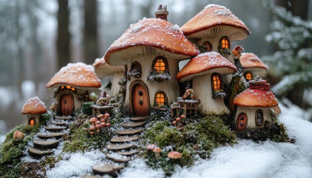 Whimsical fairy tale mushroom houses surrounded by snow, evoking a magical winter atmosphere. Soft glow from windows enhances this enchanting scene.