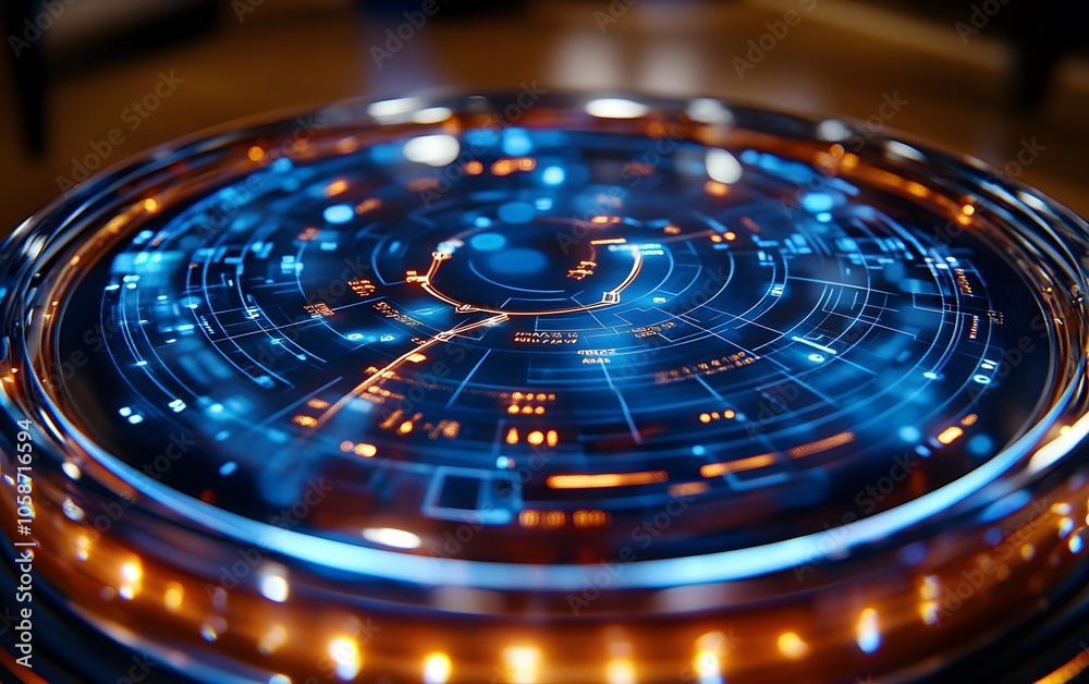 Poster a futuristic interface displaying intricate blue and orange data patterns.
