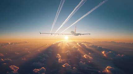 Jet aircraft flying across the horizon at high altitude, contrail disappearing against the backdrop of a glowing sunset