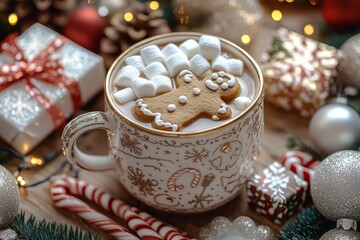 Delicious gingerbread man cookie topped with marshmallows, paired with hot cocoa in an elegant mug, surrounded by candy canes and small presents.