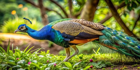 Stunning Male Peacock foraging on the Ground Amidst Lush Greenery, Showcasing Vibrant Feathers and Architectural Beauty of Nature, Perfect for Wildlife Photography Lovers