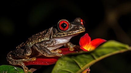 Obraz premium A close-up of a frog with striking red eyes perched on a leaf beside a flower.