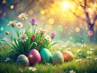 Fototapeta premium Vintage Joyous Spring Scene with Lush Green Grass, Easter Symbolism, and Copy Space for Celebrations in a Nostalgic Style