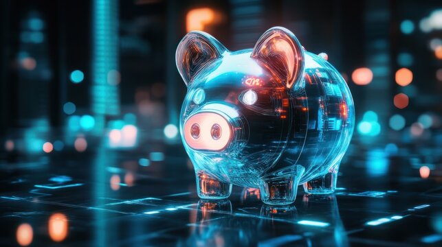 A transparent piggy bank illuminated in a futuristic digital environment.