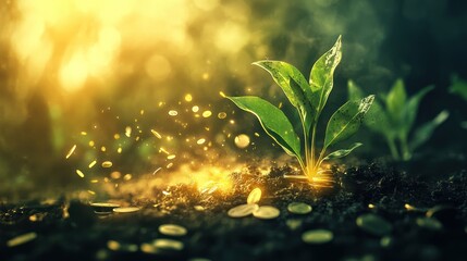 A vibrant plant emerging from soil, surrounded by glowing particles and coins.