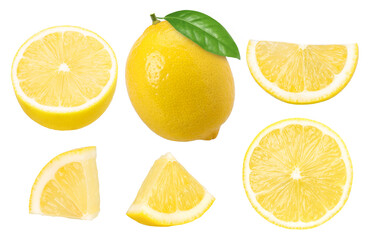lemon fruit, slice and half isolated, Fresh and Juicy Lemon, transparent PNG, PNG format, cut out