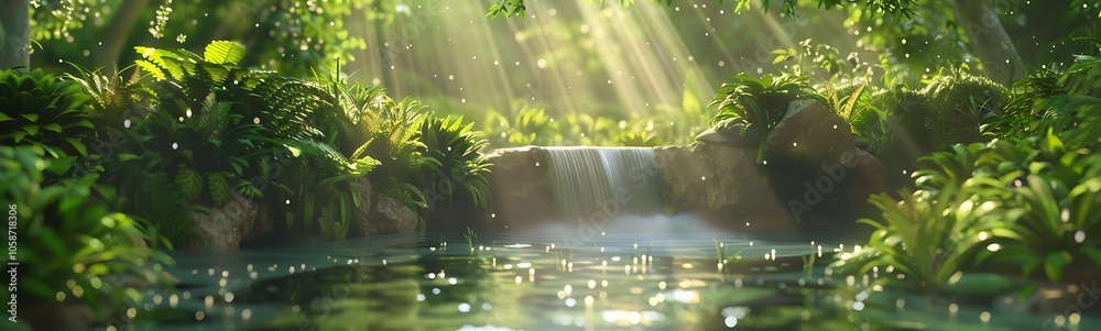 Poster a serene forest scene featuring a tranquil waterfall, illuminated by sunlight filtering through lush