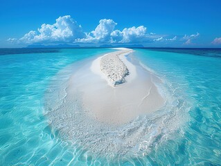 A serene tropical island with a sandy pathway surrounded by clear blue waters and clouds.