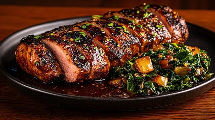 Succulent Marinated Pork Tenderloin with Glaze and Sauteed Greens in Warm Ambient Light on Wooden Tabletop