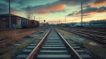 Fototapeta premium A long, straight railway track extends into the distance, with a dramatic sunset sky in the background.