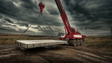 Mobile crane lifting concrete slab at construction site under stormy sky