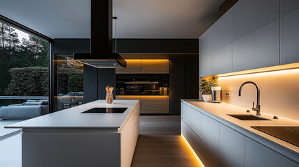 Modern kitchen with sleek cabinetry, island with cooktop, and ambient lighting, overlooking outdoor seating area through large glass windows