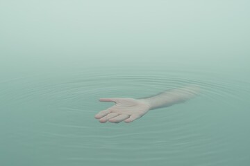 A lone hand reaching through tranquil water in a misty, serene setting, symbolizing solitude and tranquility.