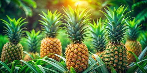 Vibrant Pineapples Growing on Tropical Pineapple Plant Amidst Lush Green Foliage - High Depth of Field Photography for Food and Nature Enthusiasts
