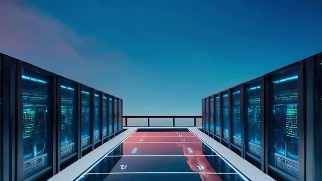 A row of servers in a data center with a reflecting pool on the floor against a backdrop of colorful sunset clouds.