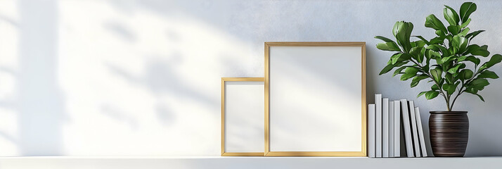 Illustration of Minimalist Interior Design with Blank Frames and Houseplant