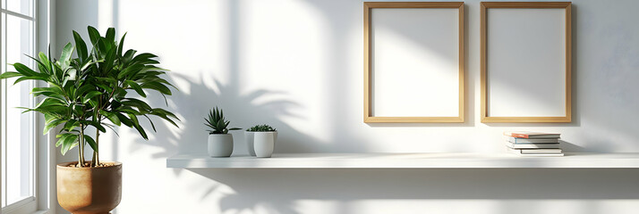 Illustration - Minimalist Interior with Plants, Picture Frames, and Books on a Shelf