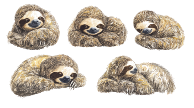Set of Five Adorable Sloths Resting on a White Background Generative AI