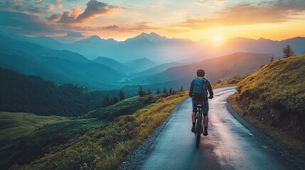 Obraz premium young man riding his mountain bike on scenic road, surrounded by green mountains