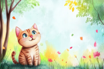 Adorable Orange Cat Sitting in a Colorful Garden Under Sunny Skies With Falling Leaves