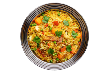 Indian vegetable biryani in balti dish isolated on transparent or white background