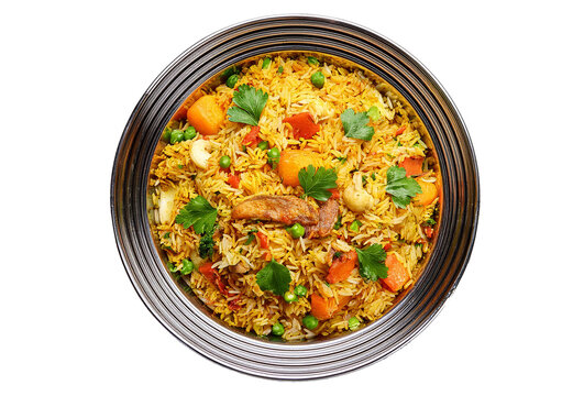 Indian vegetable biryani in balti dish isolated on transparent or white background