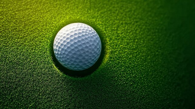Aerial view of a golf ball approaching the hole, intense focus, shadows and highlights on textured green, slight motion blur