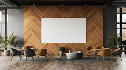 Fototapeta premium Modern office space with herringbone wood wall, large blank screen, and stylish seating area including chairs and low tables, surrounded by potted plants and natural light from windows.